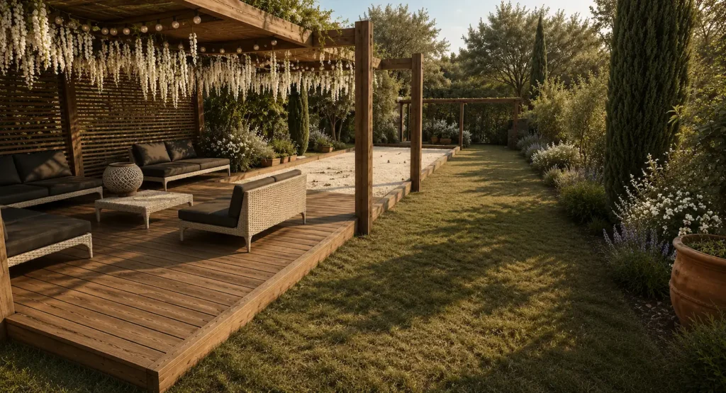 Salon de jardin sous une terrasse ombragée dans un jardin aménagé