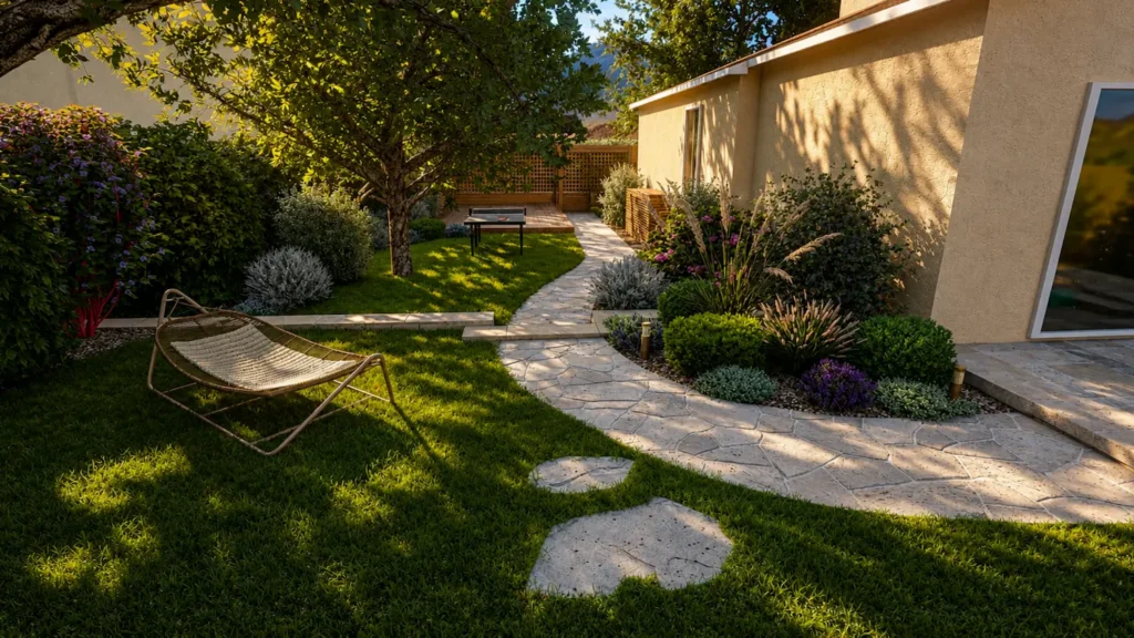 Jardin aménagé sur le côté de la villa Mykonos avec un hamac.