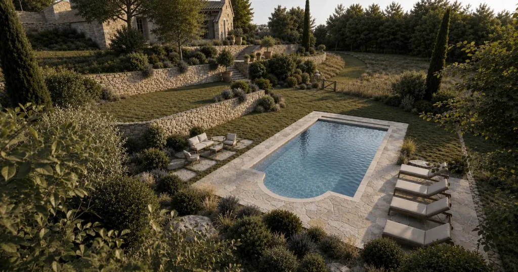Photo d'une piscine entourée d'un joli jardin